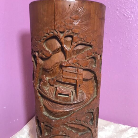 Vintage MCM Mid-Century Modern Wood Lamp * Hand Carved Fishing Water Boat Trees - Picture 1 of 13